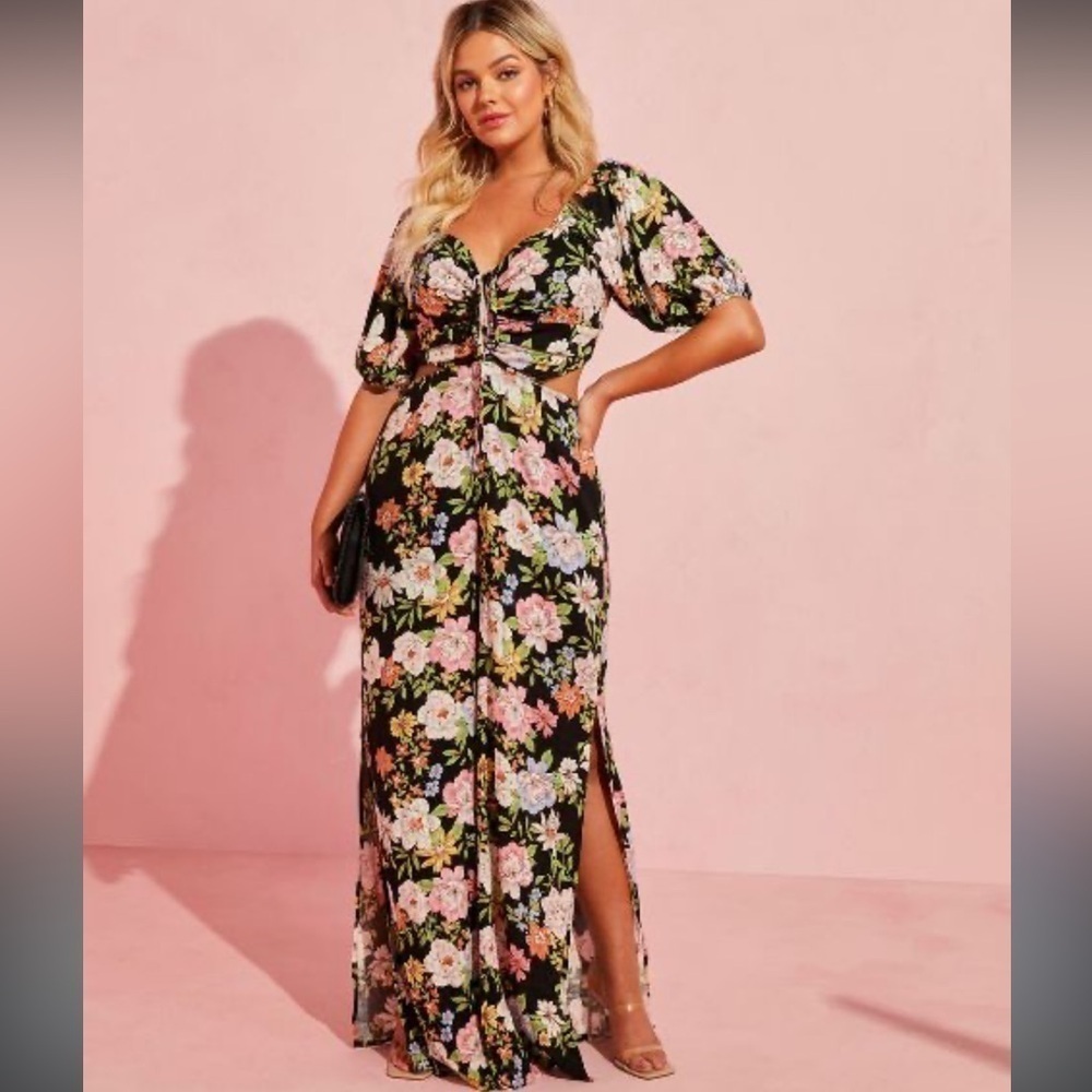 Vici Cambelle Floral Puff Sleeve Cutout Jumpsuit
